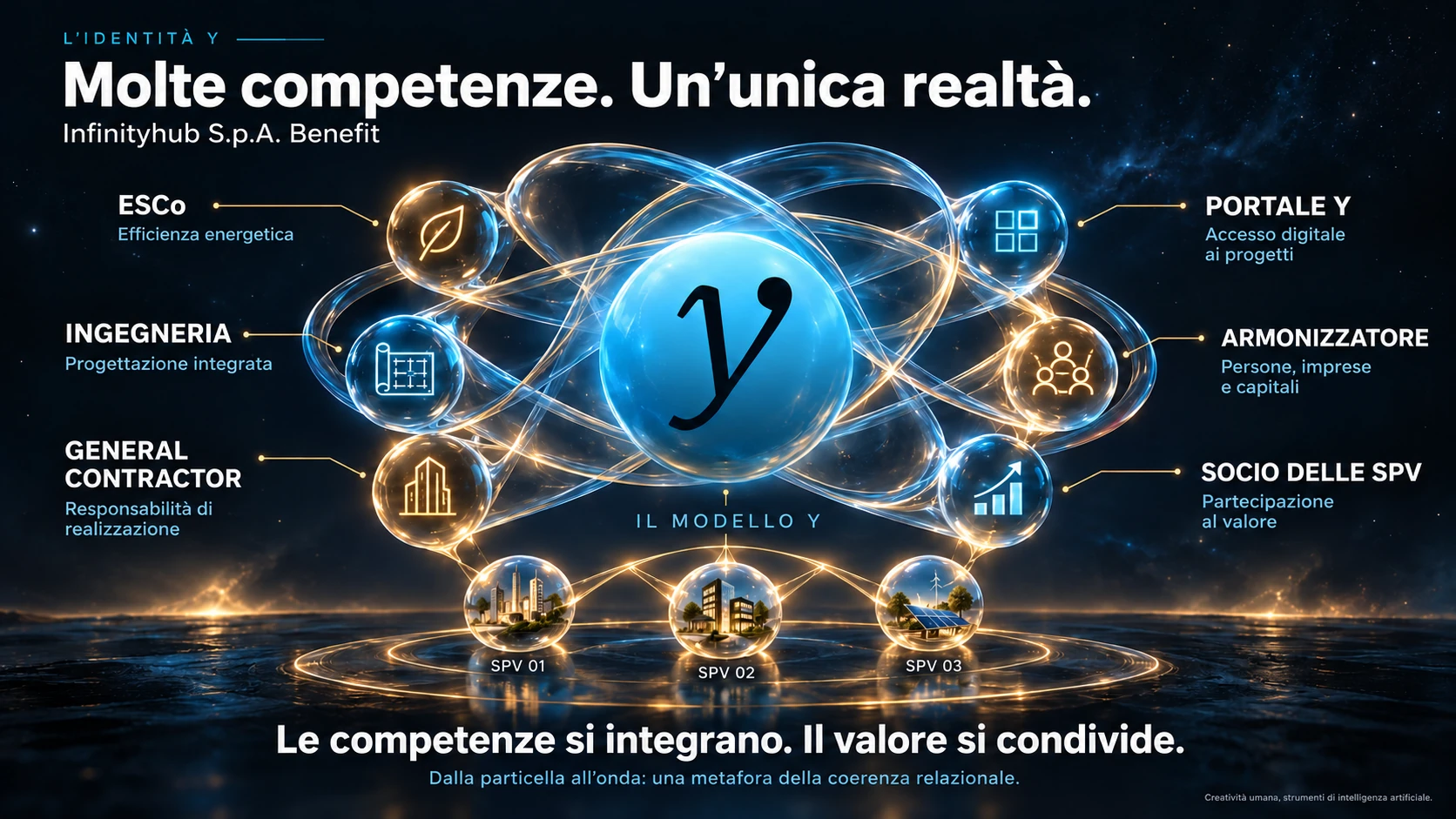 Il modello Y in orbita: sfera Y centrale con sei competenze collegate e tre società di progetto. Le competenze si integrano. Il valore si condivide.