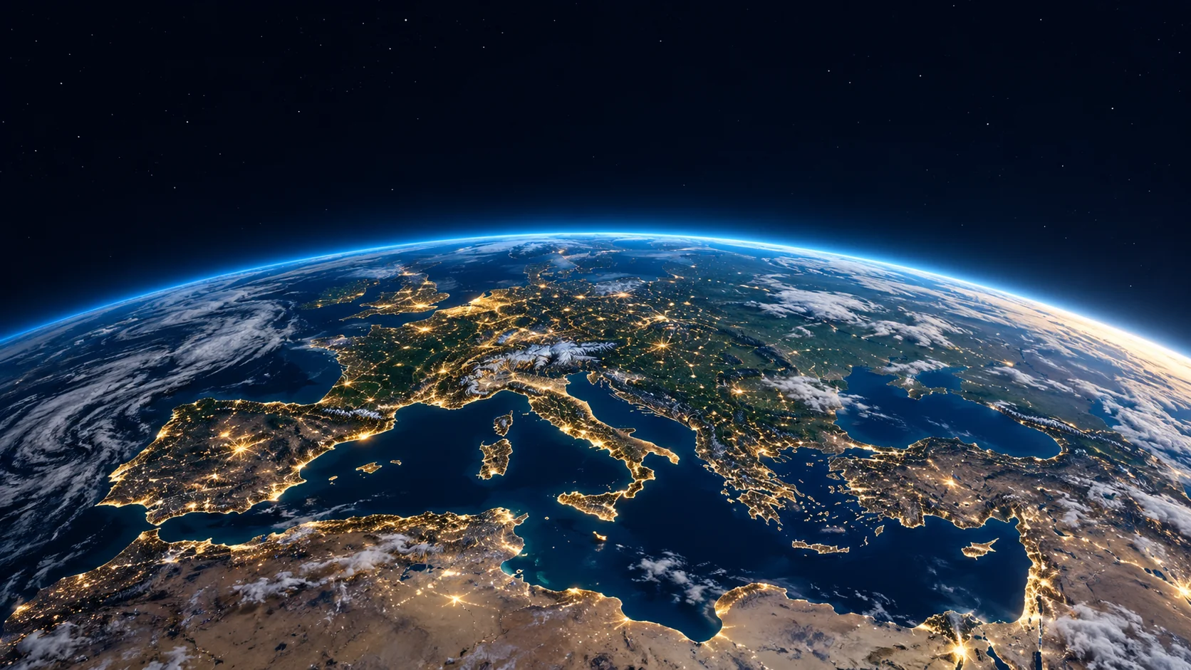 Orizzonte curvo della Terra con Europa, Italia e Mediterraneo